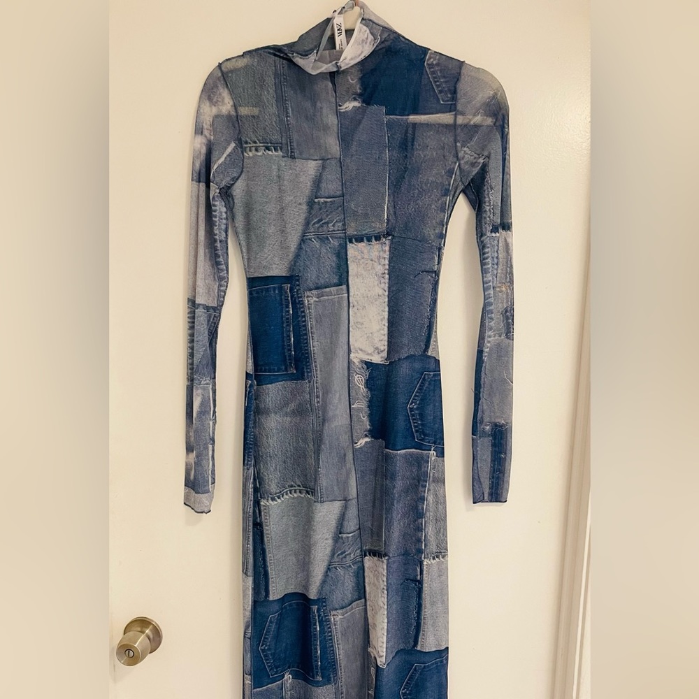 Zara XS bodycon denim patch dress